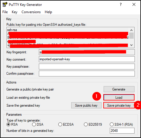 PuTTYgen interface showing the process of converting a .pem file to .ppk format