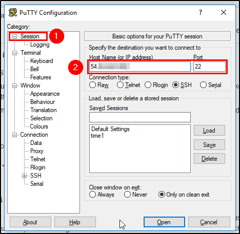 PuTTY configuration window showing where to enter the EC2 instance IP address