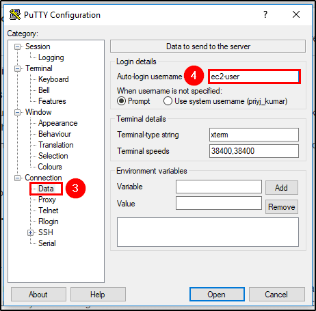 PuTTY data configuration showing where to set the auto-login username