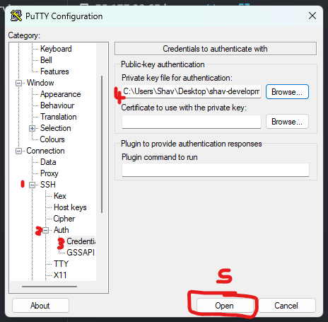 PuTTY SSH authentication settings showing where to load the private key file