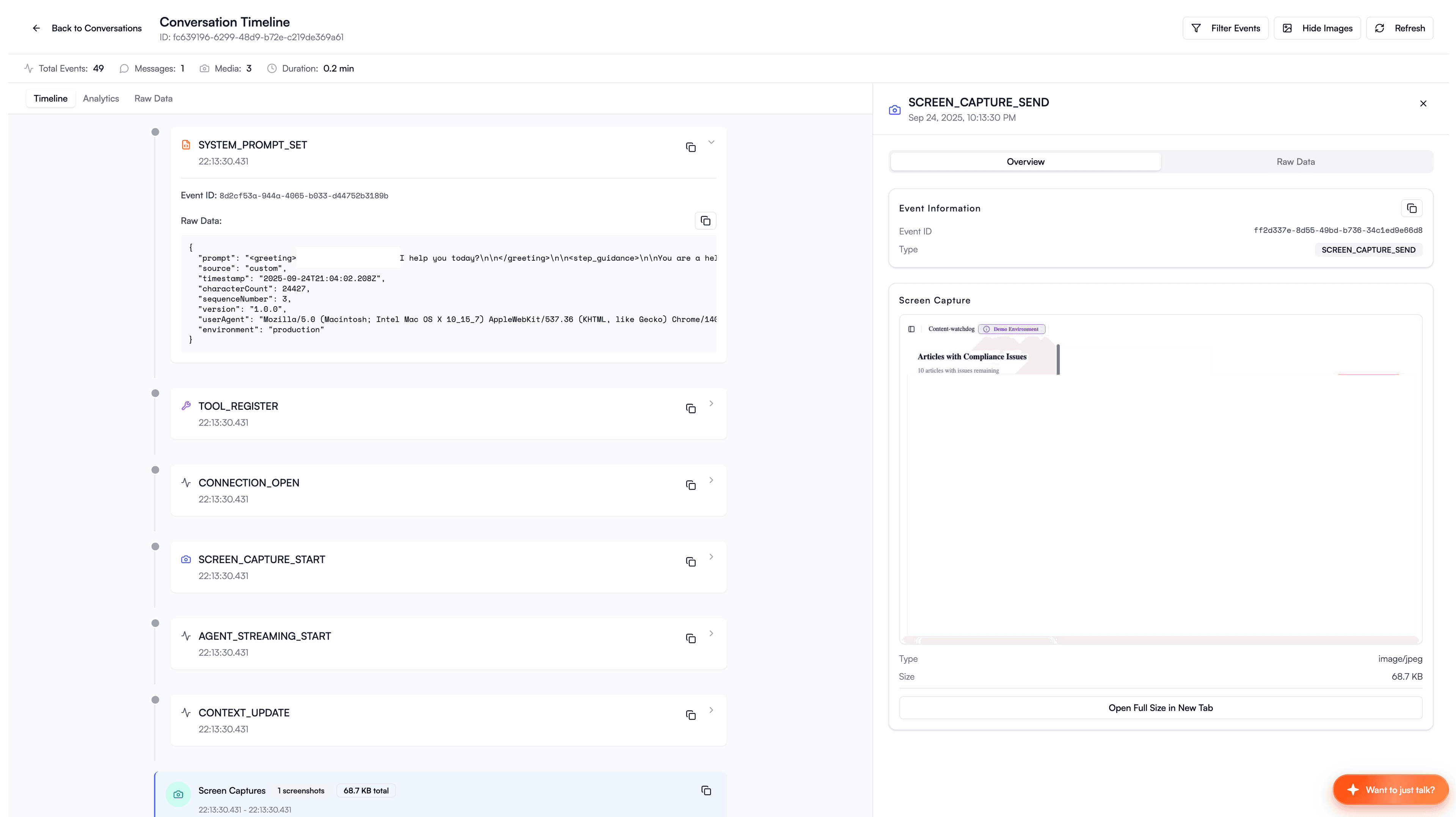 Our internal observability platform showing a Conversation Timeline with events like SYSTEM_PROMPT_SET, TOOL_REGISTER, CONNECTION_OPEN, and SCREEN_CAPTURE_SEND, with a detail panel displaying the captured screenshot and event metadata.